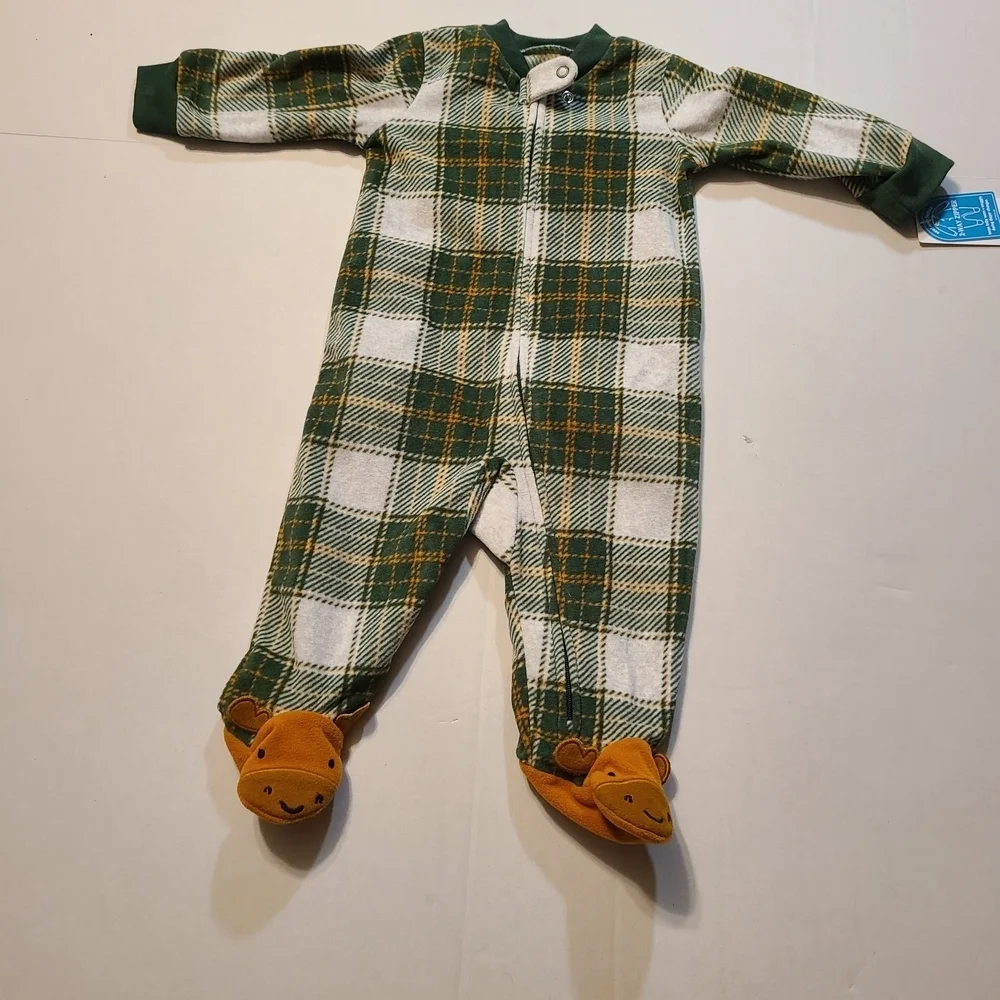 Carters Plaid Green/White Kids 1 Piece Reindeer Footie NWT 6 Months 2 Way Zipper